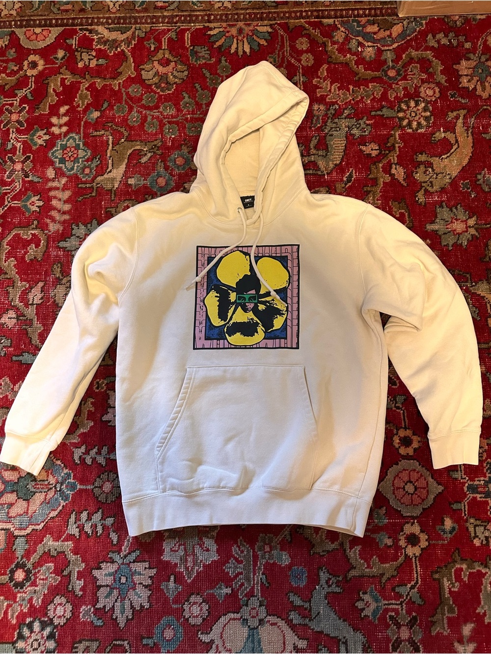 Obey Cream Hoodie with Yellow & Purple Graphic